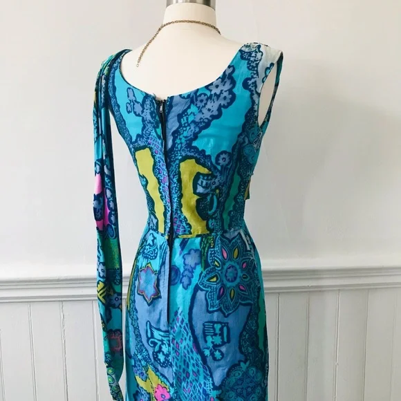 Vintage VTG 60s 1960s PSYCHEDELIC BATIK Blue Dream Festival Maxi Dress Xs - Picture 6 of 6